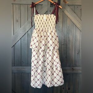 Francesca's Collections Cream and Burgundy Smocked Skirt with bows. NWT